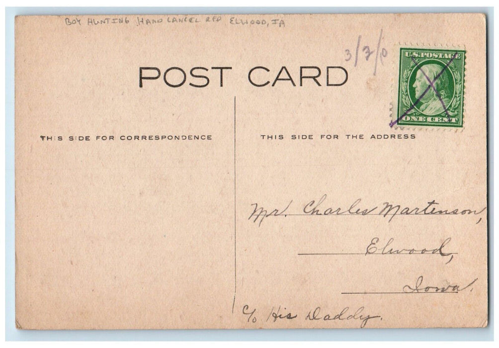1910 Boy Duck Hunting Hand Cancel RFD Elwood Iowa IA Posted Antique Postcard