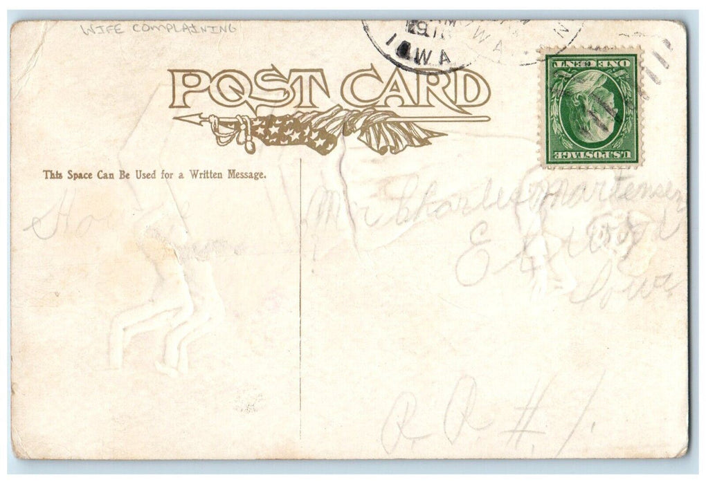 1911 Wife Complaining Statue Embossed Elwood Iowa IA Posted Antique Postcard