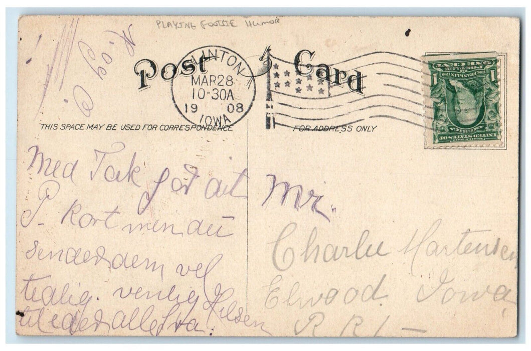 1908 Way Down In My Feet Playing Footsie Humor Linton Iowa IA Antique Postcard