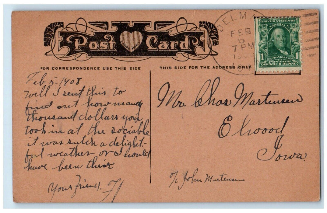 1908 Man Talking Telephone Stein Delmar Iowa IA Posted Antique Postcard