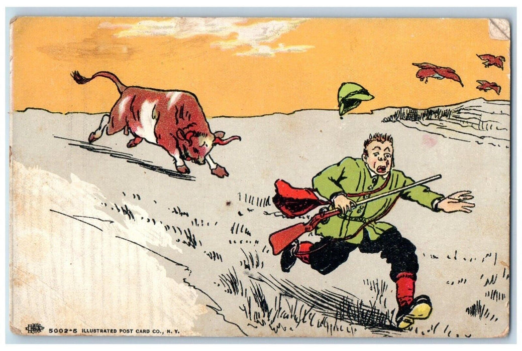 c1910's Ox Chasing Man Hunting Lost Nation Iowa IA Posted Antique Postcard