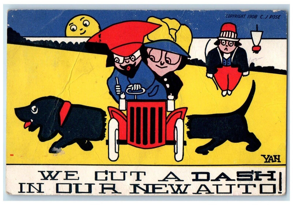 1909 Car We Cut A Dachshund Dog In Our New Auto Delmar Iowa IA Antique Postcard