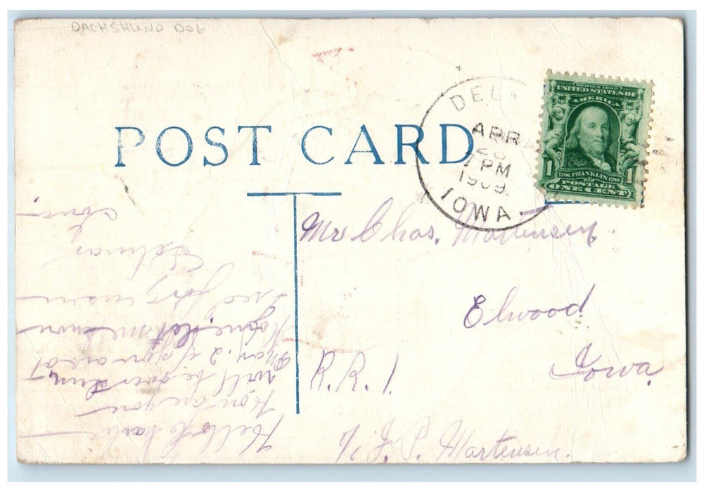 1909 Car We Cut A Dachshund Dog In Our New Auto Delmar Iowa IA Antique Postcard