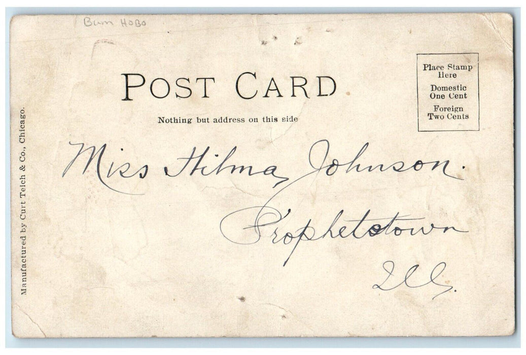 c1905 Man Bum Hobo Every Little Helps Prophetstown Iowa IA Antique Postcard
