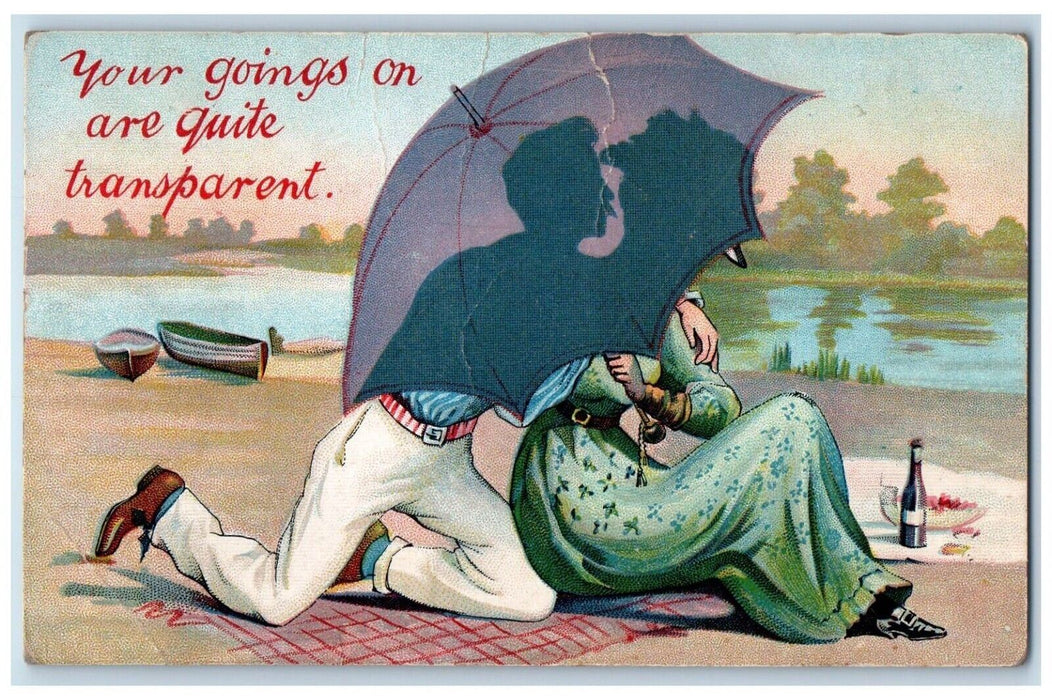 1911 Couple Romance Kissing Transparent Umbrella Elwood Iowa IA Antique Postcard