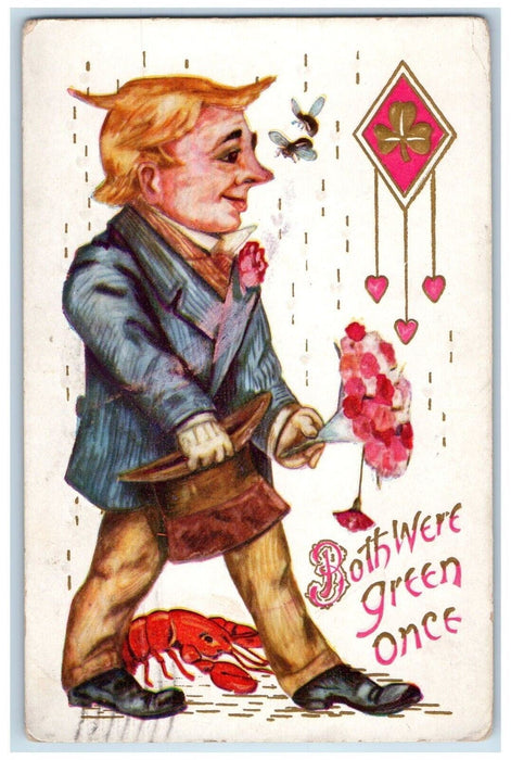 1912 Valentine Man Flowers Lobster Both Were Green Once Champaign IL Postcard