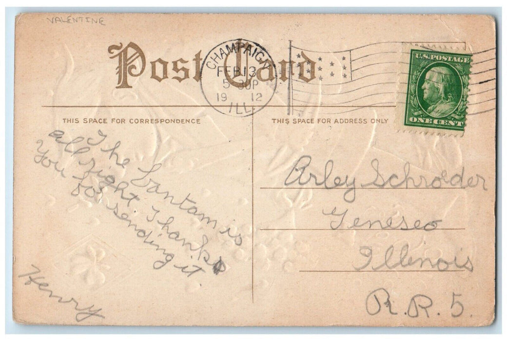 1912 Valentine Man Flowers Lobster Both Were Green Once Champaign IL Postcard