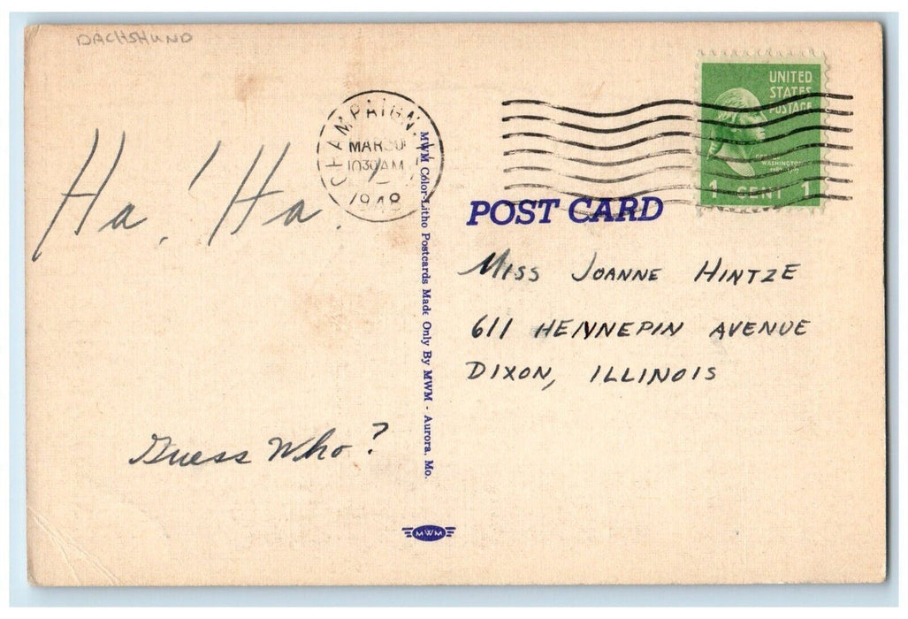 1948 Dachshund Dog Correspondence Checklist Champaign Illinois IL Postcard