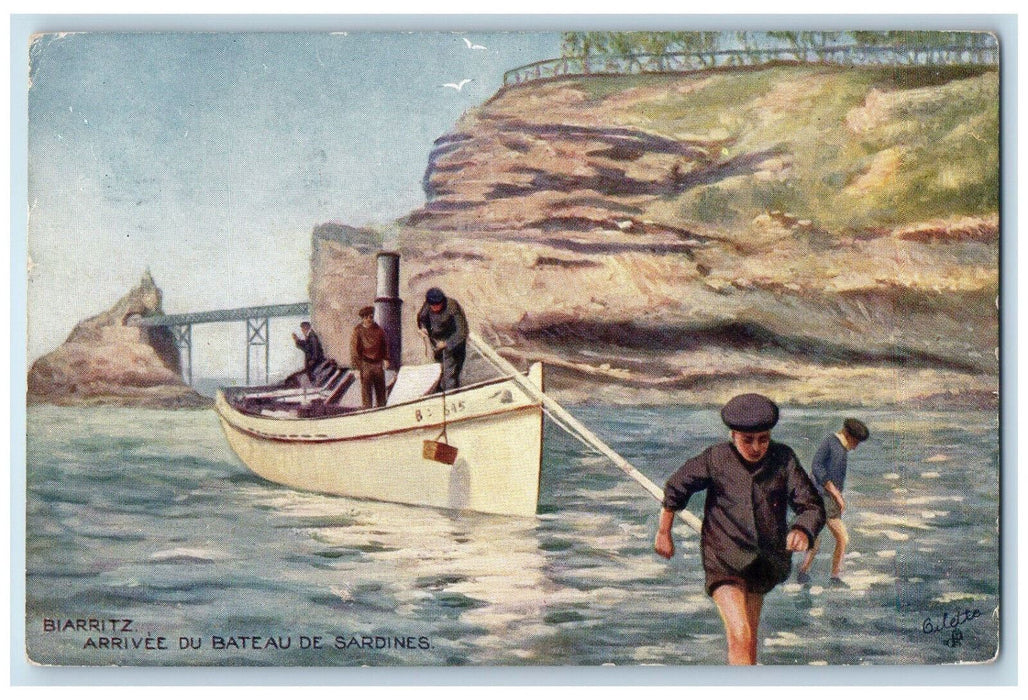 1914 Arrivee Du Bateau De Sardines Biarritz France Oilette Tuck Art Postcard