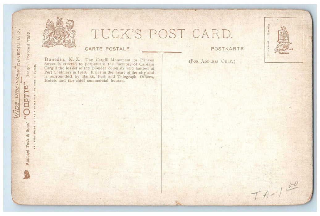c1910 The Cargill Monument Dunedin New Zealand Oilette Tuck Art Postcard