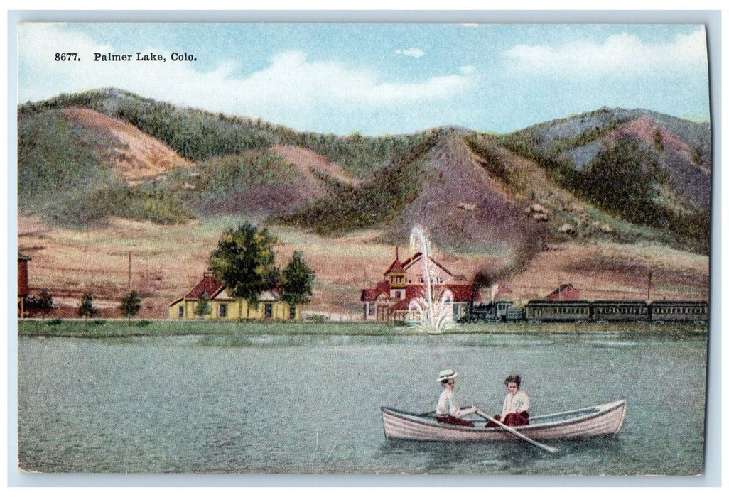 c1950's Palmer Lake Boating Fountain Train Railway Mountain Colorado CO Postcard