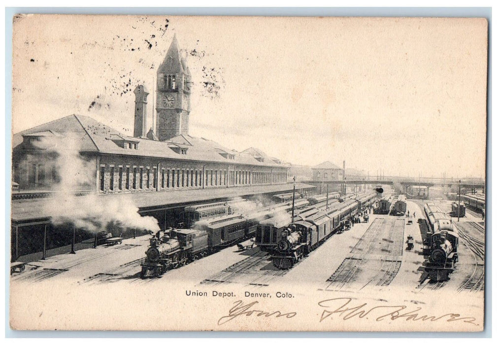 1907 Union Depot Train Station Smokestacks Railroad Clock Denver CO Postcard