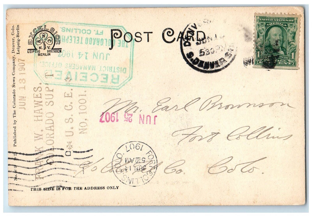 1907 Union Depot Train Station Smokestacks Railroad Clock Denver CO Postcard