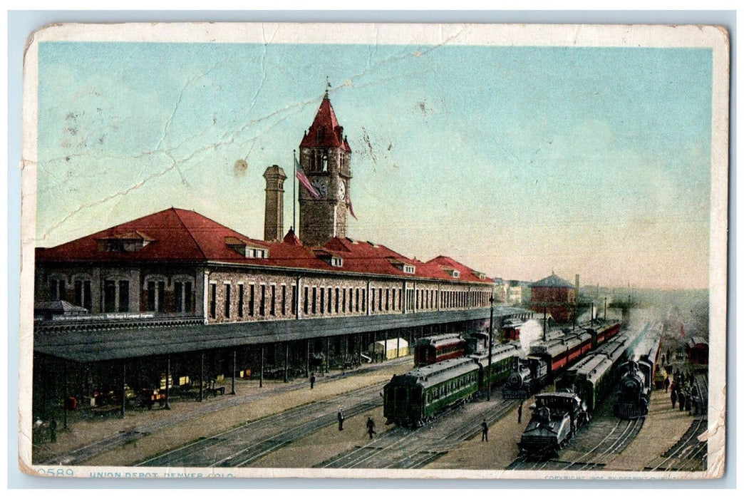 1910 Union Depot View Passengers Tower Clock Flag Denver Colorado CO Postcard