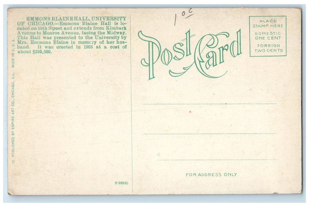 c1910s Emmons Blaine Hall University Of Chicago Illinois IL Unposted Postcard
