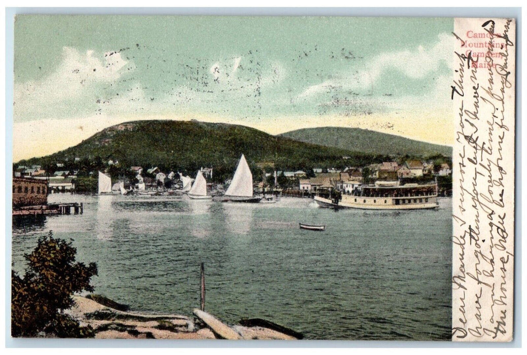 1909 Camden Mountains Steamer Sailboat Pier Dock River Camden Maine ME Postcard