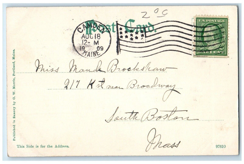 1909 Camden Mountains Steamer Sailboat Pier Dock River Camden Maine ME Postcard