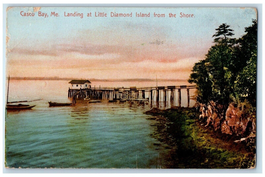 1909 Landing Little Diamond Island Shore Dock Pier Lake Casco Bay Maine Postcard