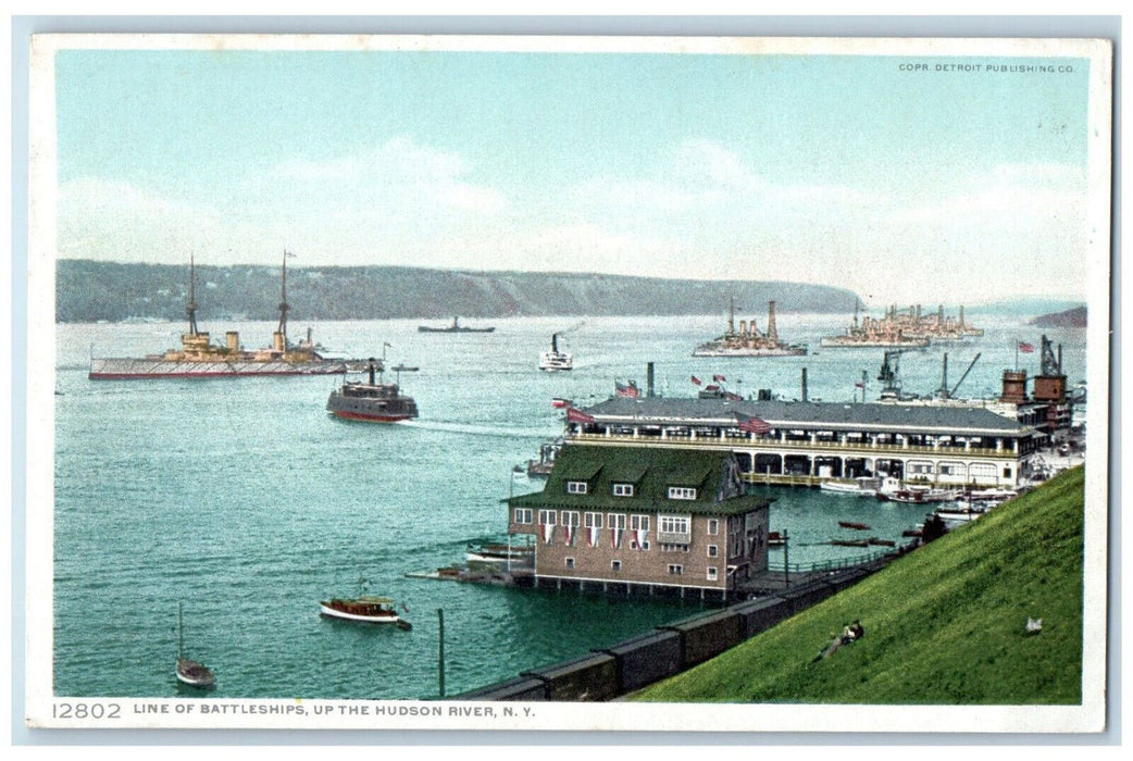 c1920's Line of Battleships up the Hudson River New York NY Phostint Postcard