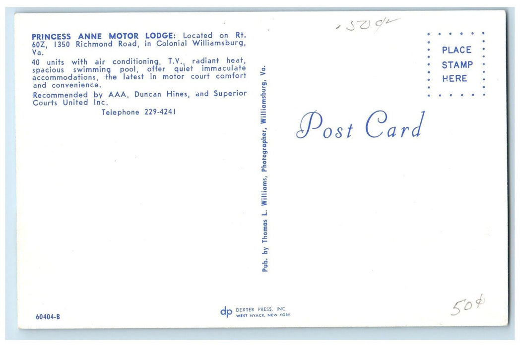 c1950's Princess Anne Motor Lodge Restaurant Entrance Williamsburg VA Postcard