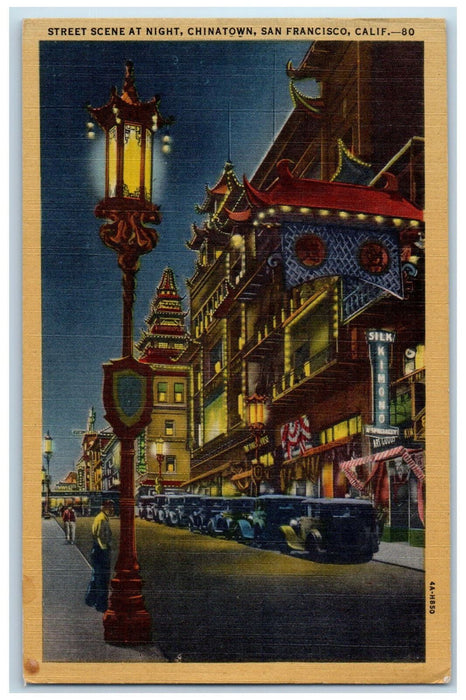 1948 Street Scene at Night Chinatown San Francisco California CA Postcard
