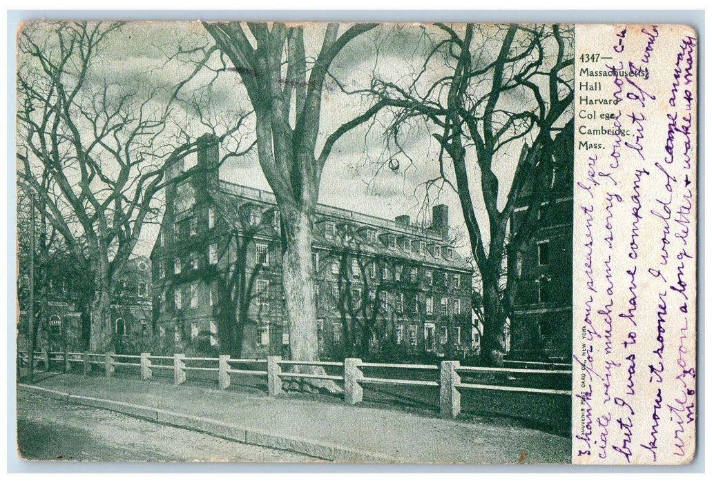 1907  Massachusetts Hall Harvard College Cambridge Massachusetts Posted Postcard