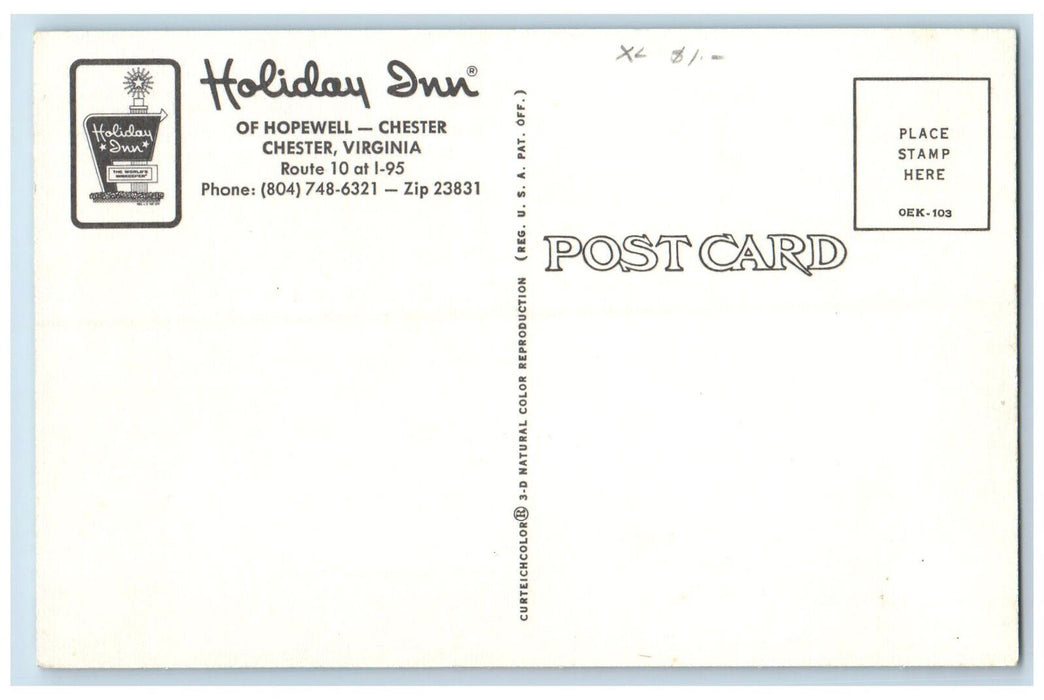 c1960's Holiday Inn Of Hopewell Chester Virginia VA Unposted Vintage Postcard