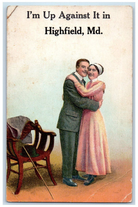 1913 Greetings From Highfield Maryland MD, Couple Scene Humor Antique Postcard