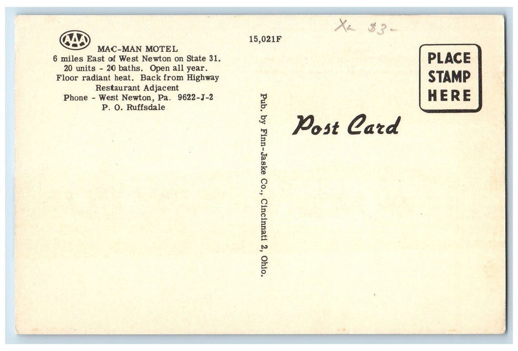 c1940's Mac Man Motel Dual View West Newton Pennsylvania PA Unposted Postcard