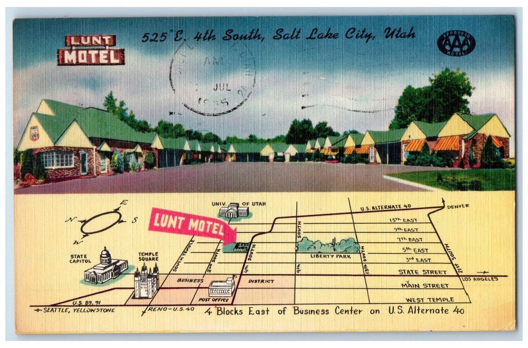 1955 Lunt Motel Roadside Street Map Salt Lake City Utah Posted Vintage Postcard