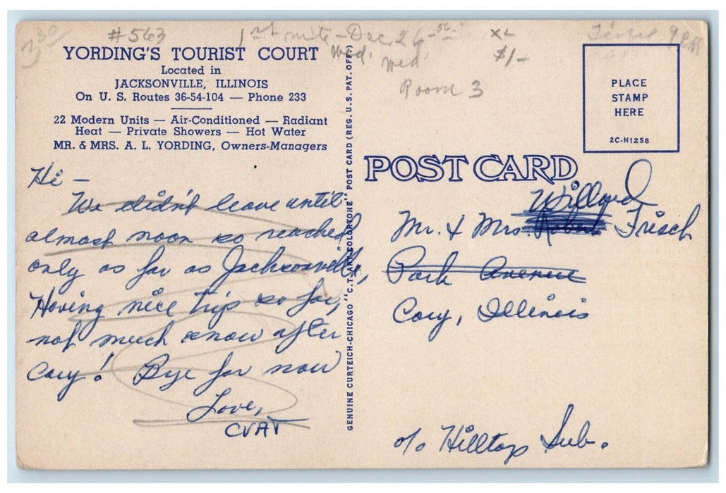 c1940's Yording's Tourist Court Roadside Scene Jacksonville Illinois IL Postcard