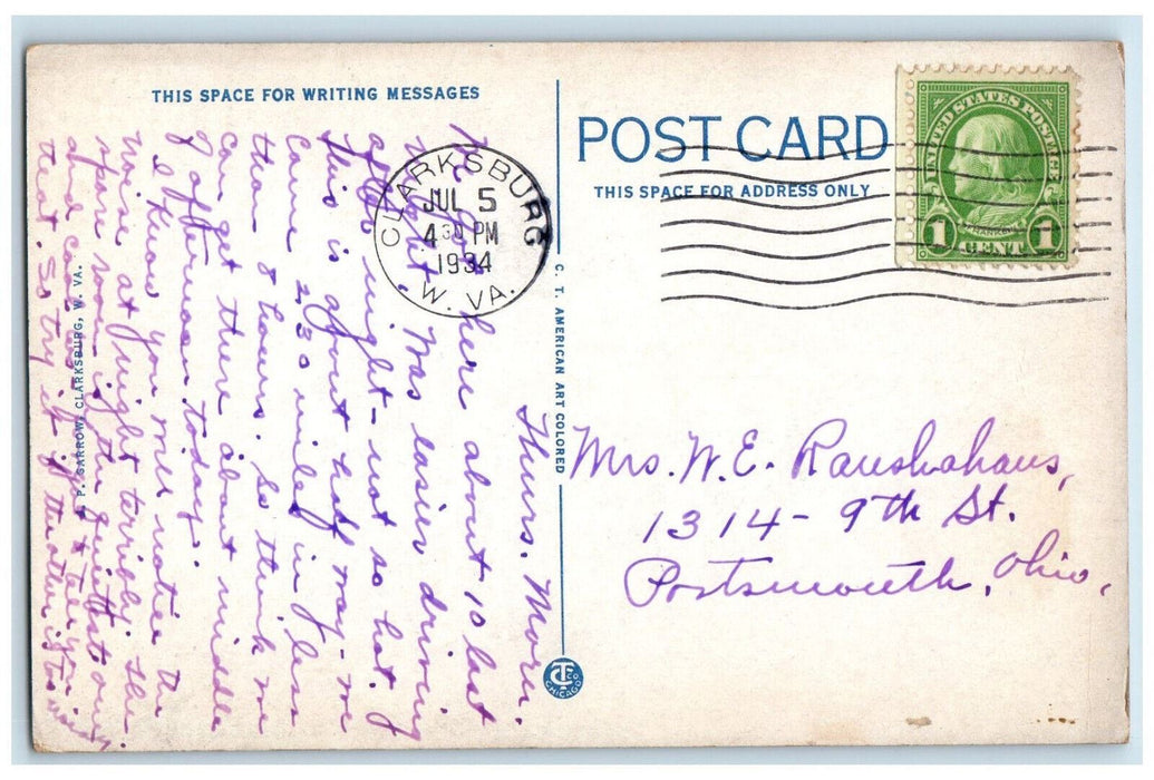 1934 Stonewall Jackson Hotel Clarksburg West Virginia WV Vintage Postcard