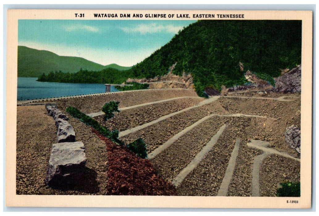 c1950's Watauga Dam and Glimpse of Lake Eastern Tennessee TN Postcard
