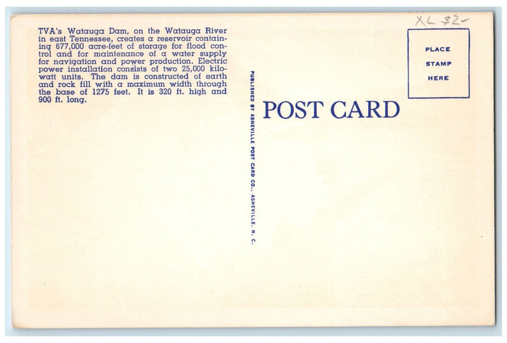 c1950's Watauga Dam and Glimpse of Lake Eastern Tennessee TN Postcard