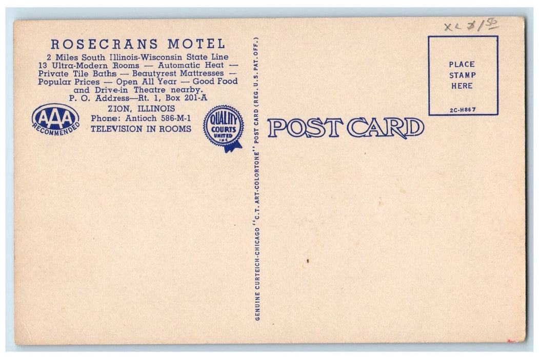c1940's Rosecrans Motel Roadside View Zion Illinois IL Unposted Vintage Postcard