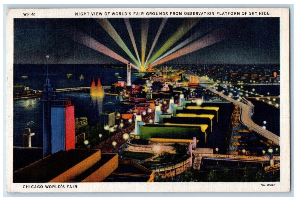 1933 Night View World's Fair Grounds Observation Platform Sky Ride ILL Postcard