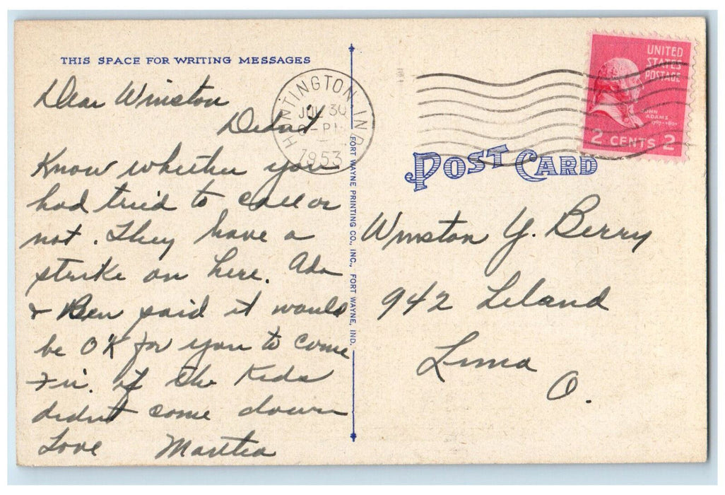 1953 US Flag Central School Huntington Indiana IN Vintage Posted Postcard