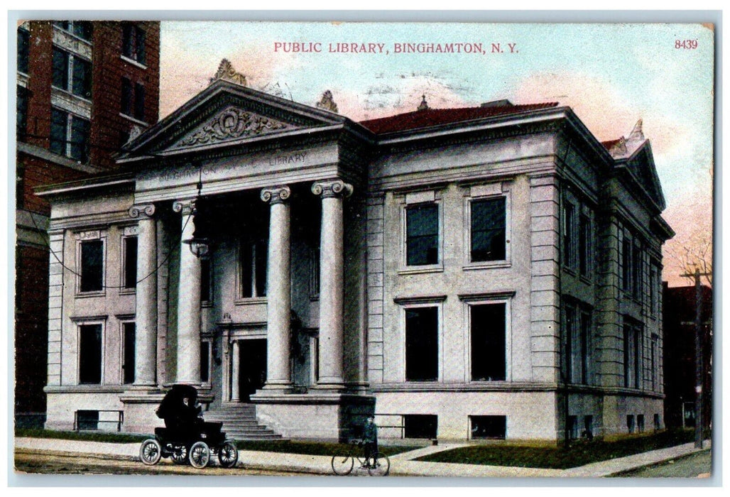 1909 Public Library Building Bicycle Car Scene Binghamton New York NY Postcard