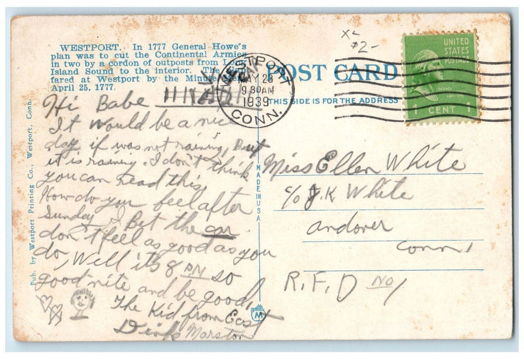 1939 Bedford School Myrtle Avenue Westport Connecticut CT Posted Postcard
