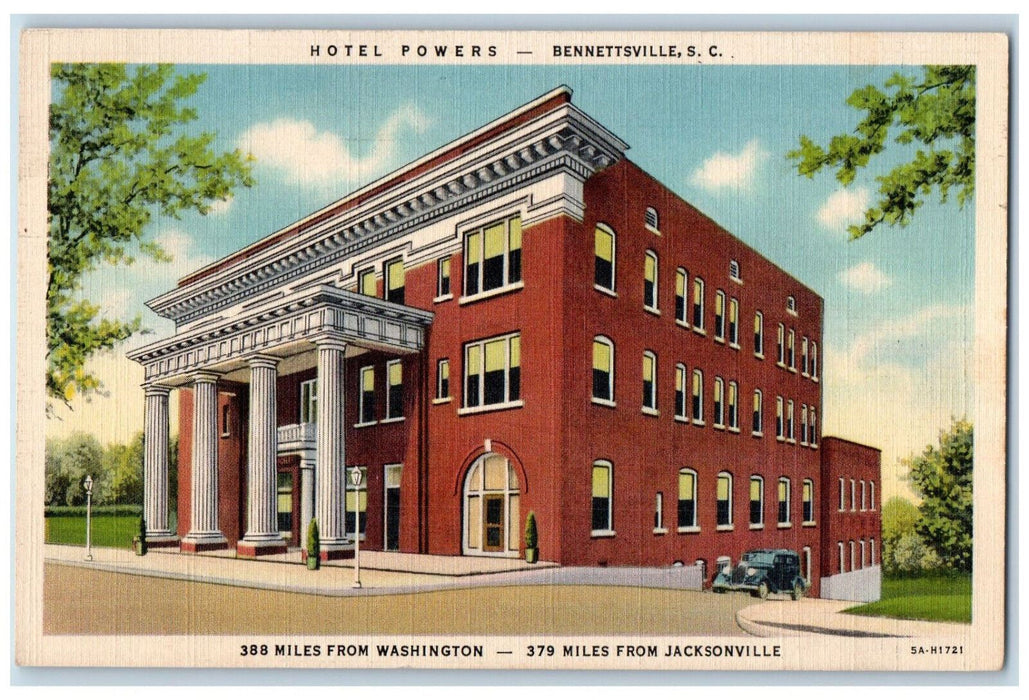 c1940's Hotel Power's Bennettsville South Carolina SC Unposted Postcard