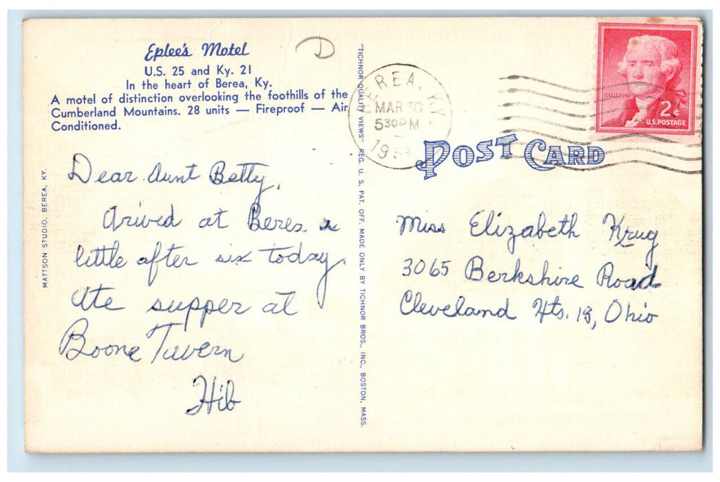 c1950's Eplee's Motel Overlooking Cumberland Mountains Berea KY Postcard