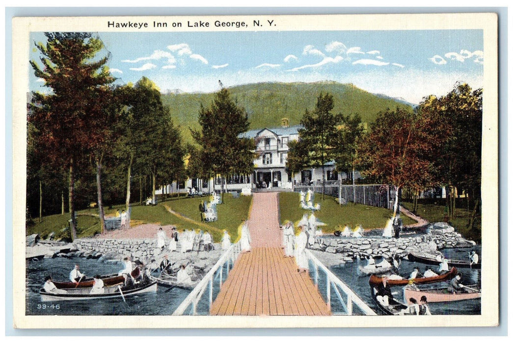 c1920's Boat Canoeing Scene, Hawkeye Inn on Lake George New York NY Postcard