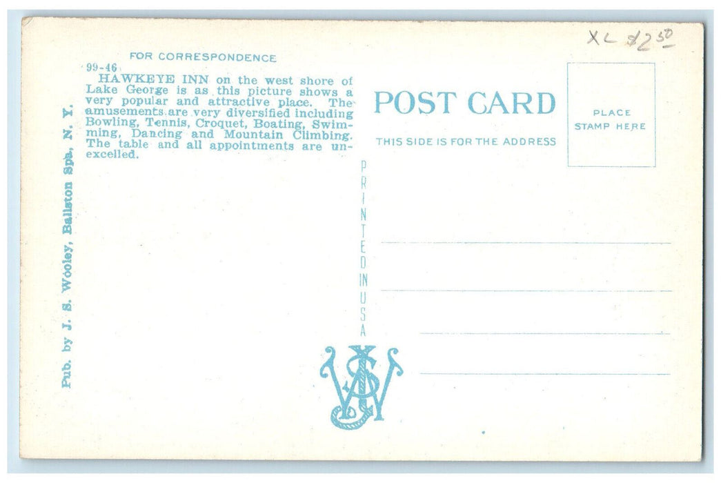 c1920's Boat Canoeing Scene, Hawkeye Inn on Lake George New York NY Postcard