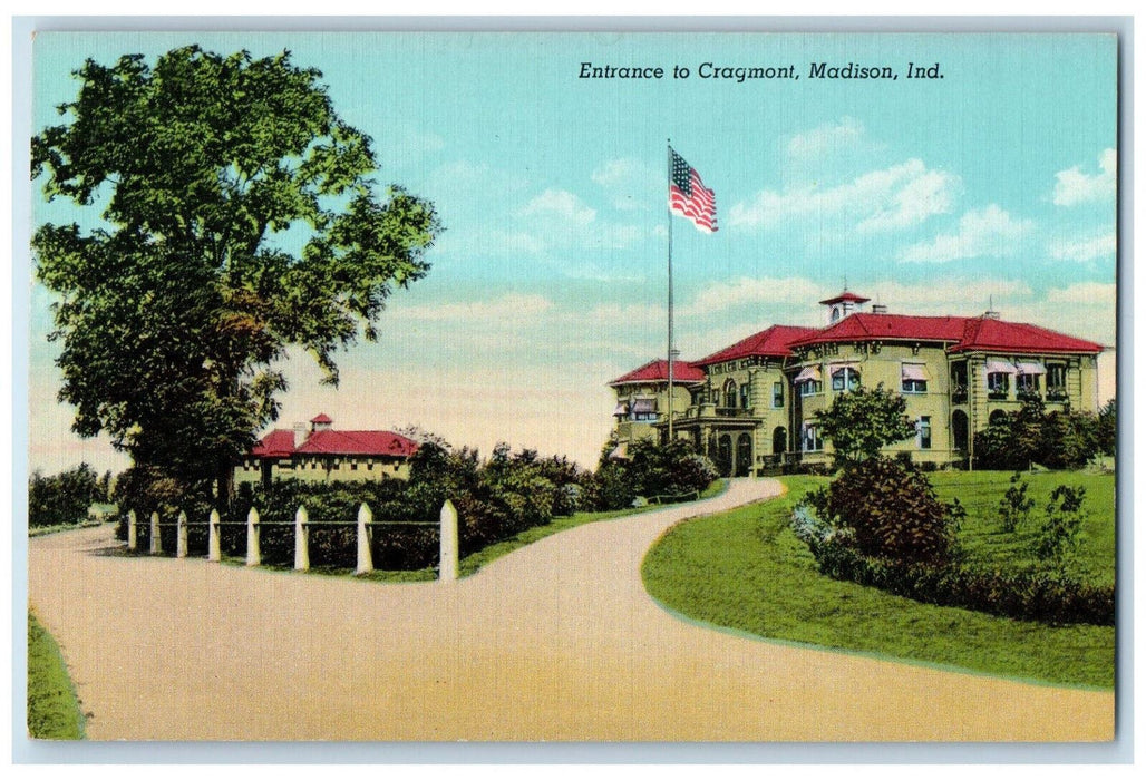 c1950's USA Flag Road Entrance to Cragmont Madison Indiana IN Vintage Postcard