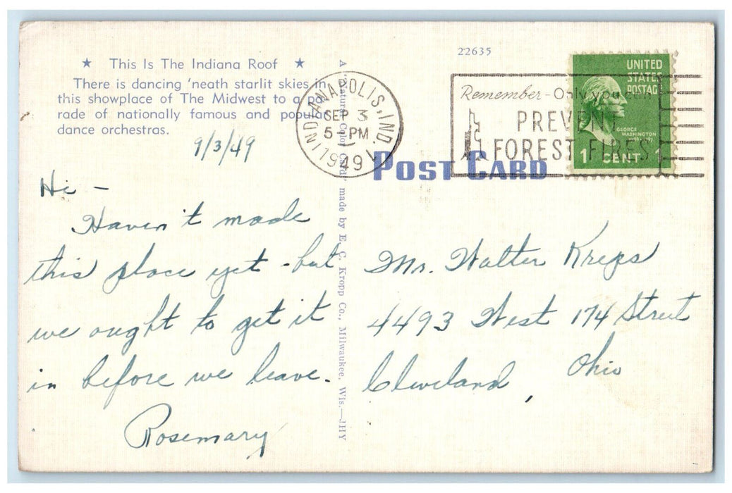 1949 Dancing Neath Starlit Skies Indiana Roof Indianapolis Indiana IN Postcard