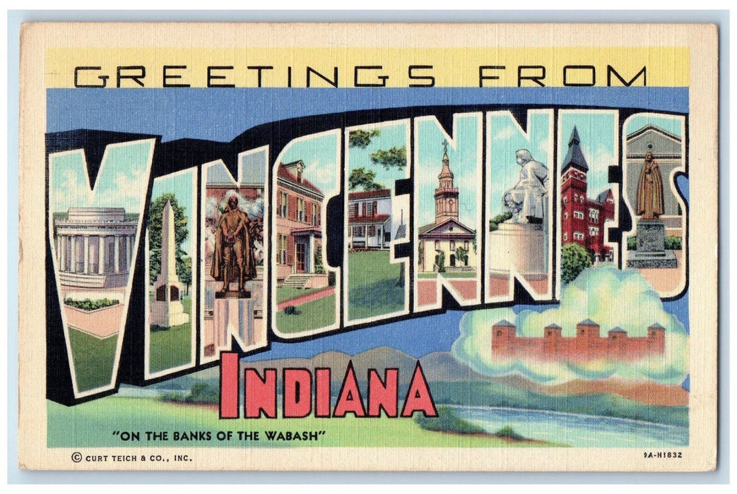 1949 On the Banks of the Wabash Greetings from Vincennes Indiana IN Postcard