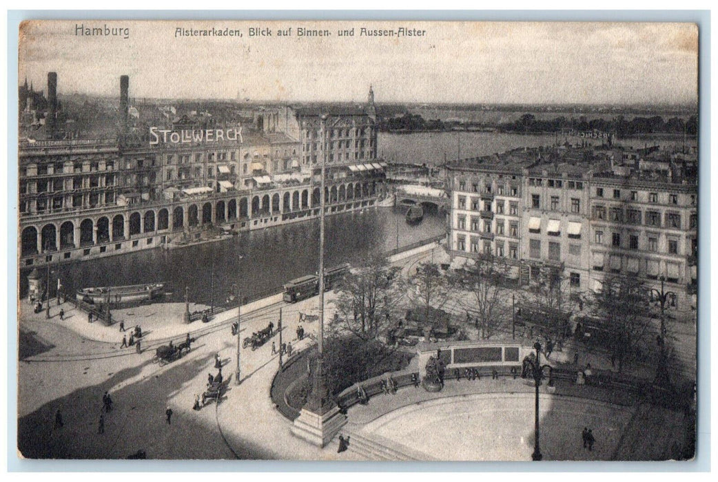 1908 Alster Arcades View Of Inner and Outer Alster Hamburg Germany Postcard