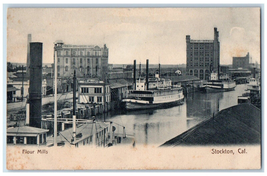 c1905 Flour Mills Ship Ferry Lake Stockton California Unposted Antique Postcard