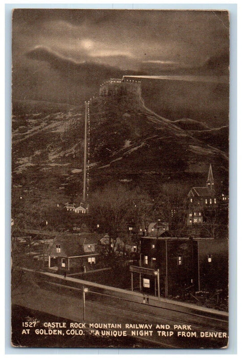 1914 Castle Rock Mountain Railway Park Golden Night Denver Colorado CO Postcard