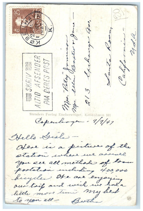 1947 Copenhagen Central Station Copenhagen Denmark Vintage Posted Postcard